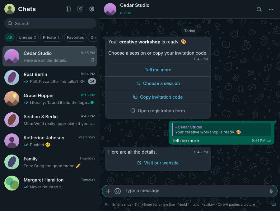 Synthetic reply, list-selection, copy-code, and unavailable-form actions