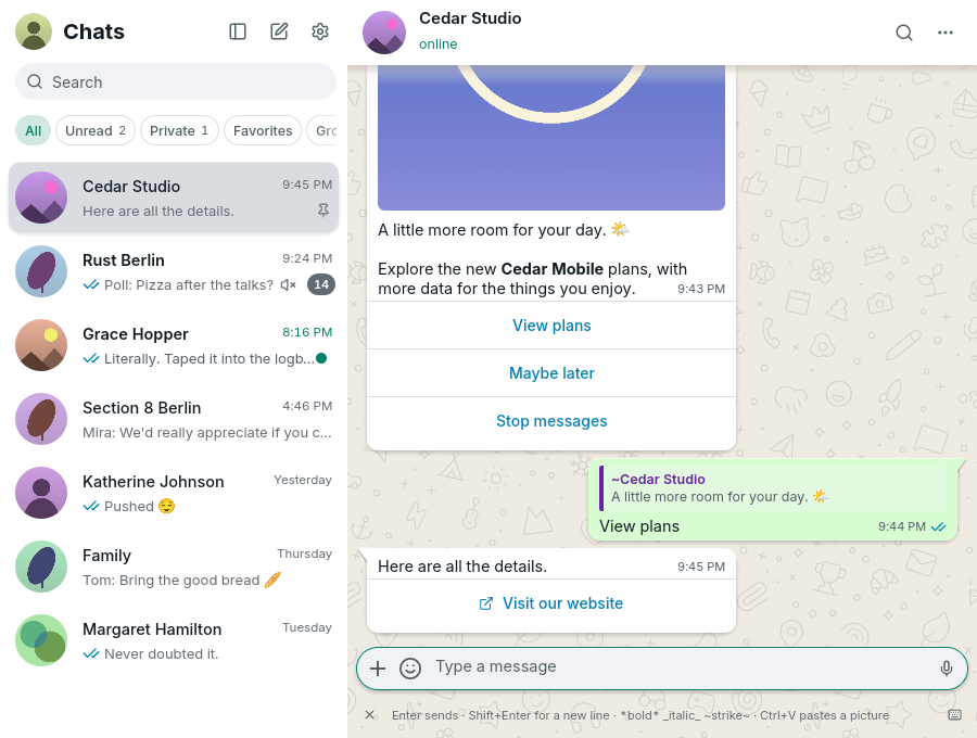 The same synthetic interactive messages in the light theme
