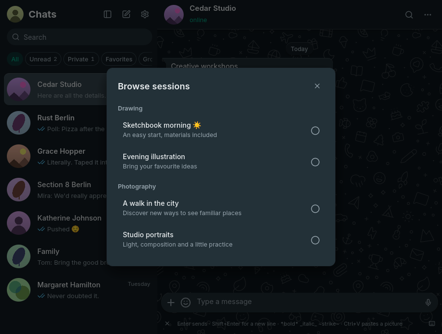 Synthetic list dialog with section headings, descriptions and option selectors