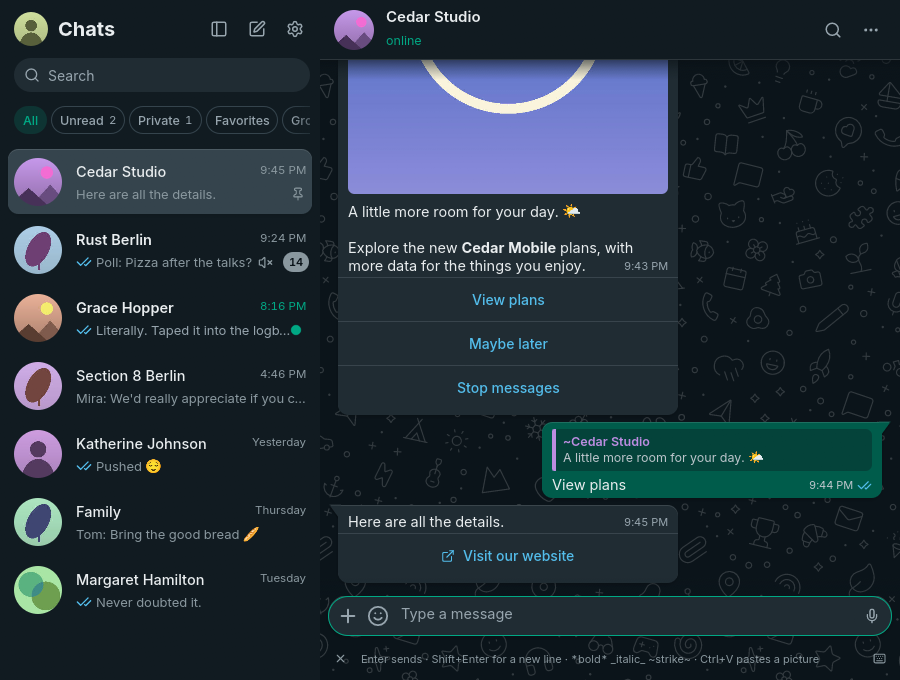 Synthetic business message with an image, three reply buttons, a quoted reply, and a website link in the dark theme