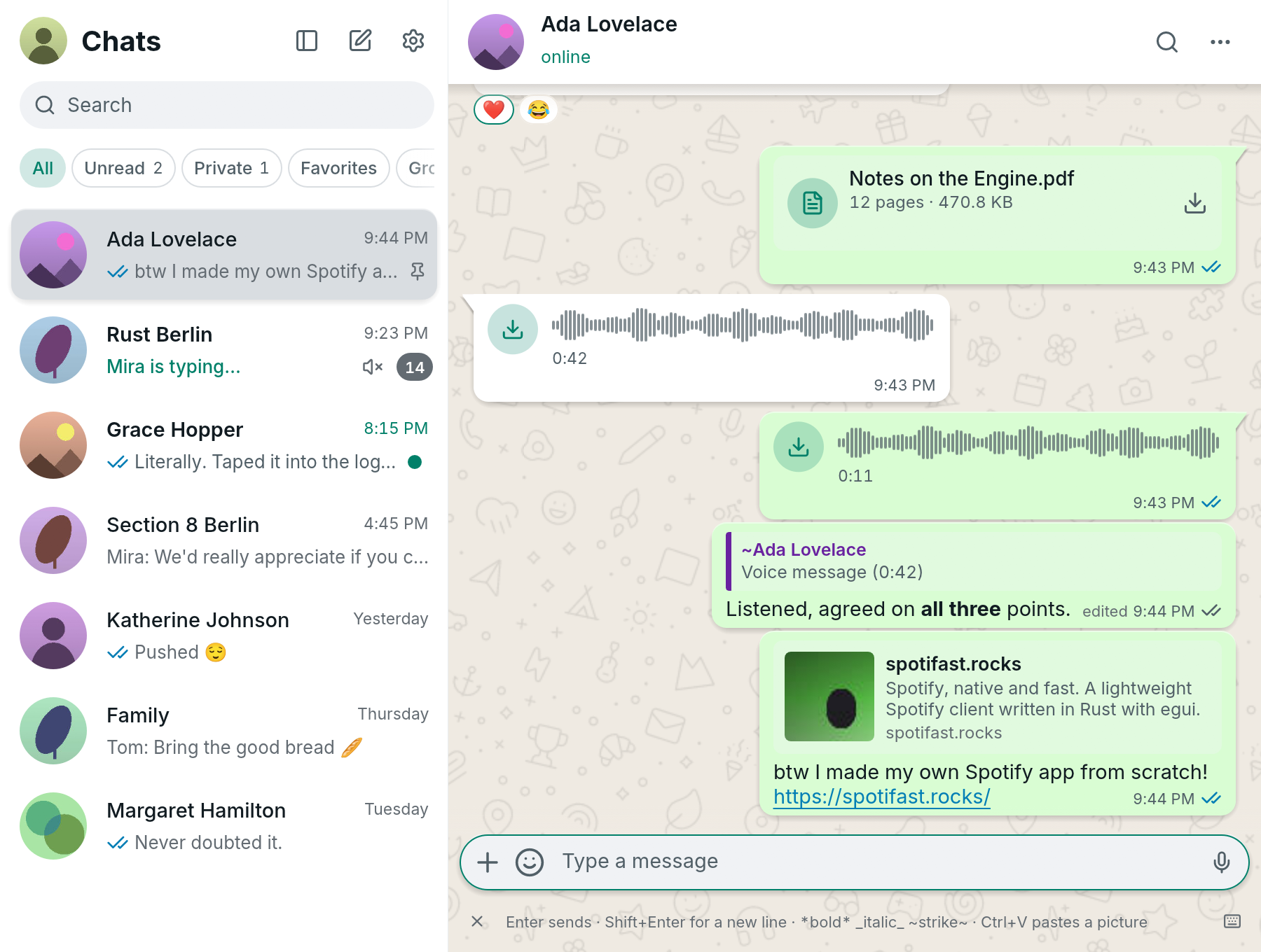 ZapFast showing a conversation with an attachment, voice messages, reactions, a quoted reply, and a link preview