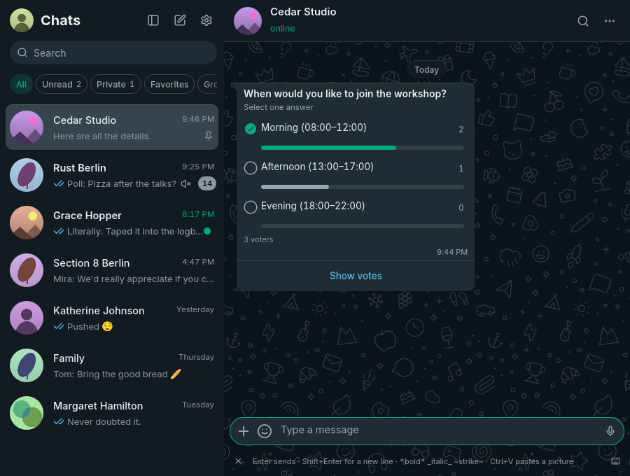 Synthetic poll with vote counts, result tracks and the selected answer