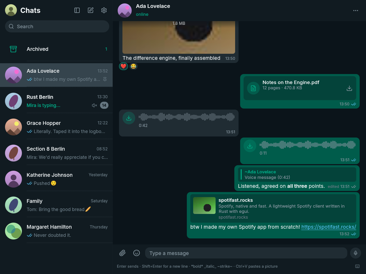 ZapFast showing a chat with a photo, a document, a voice message, a quoted reply, and a link preview